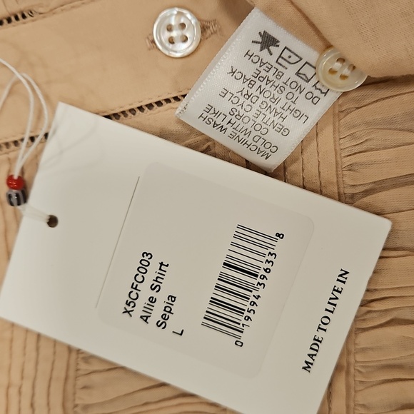 💕XIRENA💕 Allie Shirred Lace-Inset Cotton Shirt ~ Sepia Large NWT - Picture 16 of 16